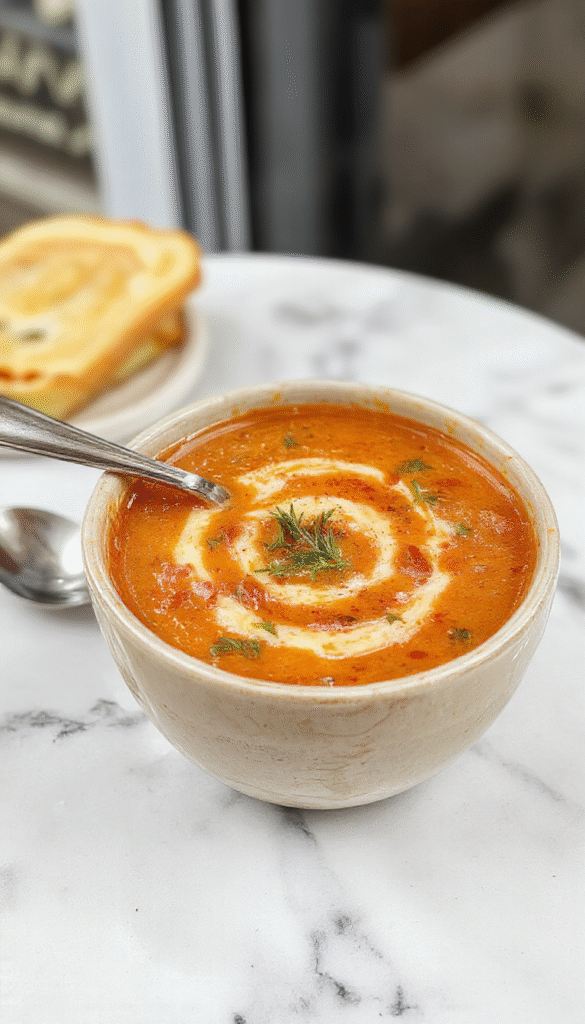 A bowl of vibrant red creamy tomato soup topped with fresh basil leaves, served in a rustic white bowl on a wooden table. The soup has a smooth, velvety texture, with a glossy surface, accompanied by crusty bread slices on the side. Natural light highlights the rich color and creamy consistency, with a hint of steam rising, enhancing the inviting presentation.