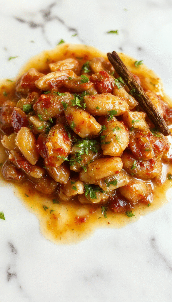A vibrant plate of creamy Tuscan Butter Beans garnished with fresh herbs, served alongside toasted bread. The beans are coated in a glossy, rich sauce, with textures of soft beans and a hint of garlic and herbs visible. The background features a rustic wooden table with colorful ingredients and a rustic bowl, styled for an inviting, hearty meal.