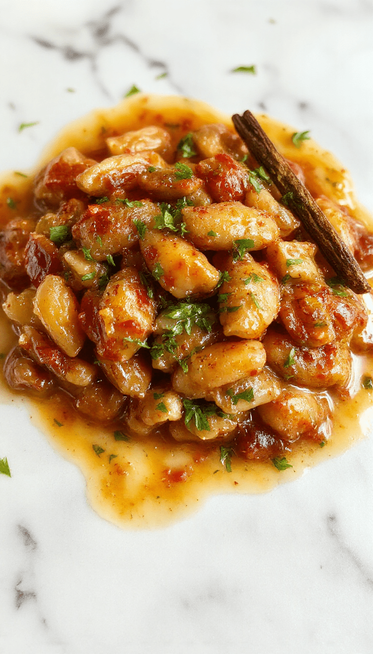 A vibrant plate of creamy Tuscan Butter Beans garnished with fresh herbs, served alongside toasted bread. The beans are coated in a glossy, rich sauce, with textures of soft beans and a hint of garlic and herbs visible. The background features a rustic wooden table with colorful ingredients and a rustic bowl, styled for an inviting, hearty meal.