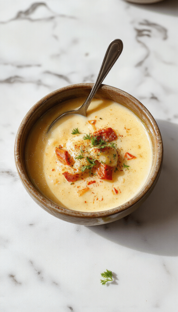 A rich, velvety bowl of Tuscan Parmesan Cream Soup with golden-brown toasted bread slices on the side, topped with freshly grated Parmesan and chopped herbs, garnished with a drizzle of olive oil. The soup is steaming, thick, and inviting, displayed on a rustic wooden table with a soft-toned background that highlights the creamy texture and vibrant garnish.