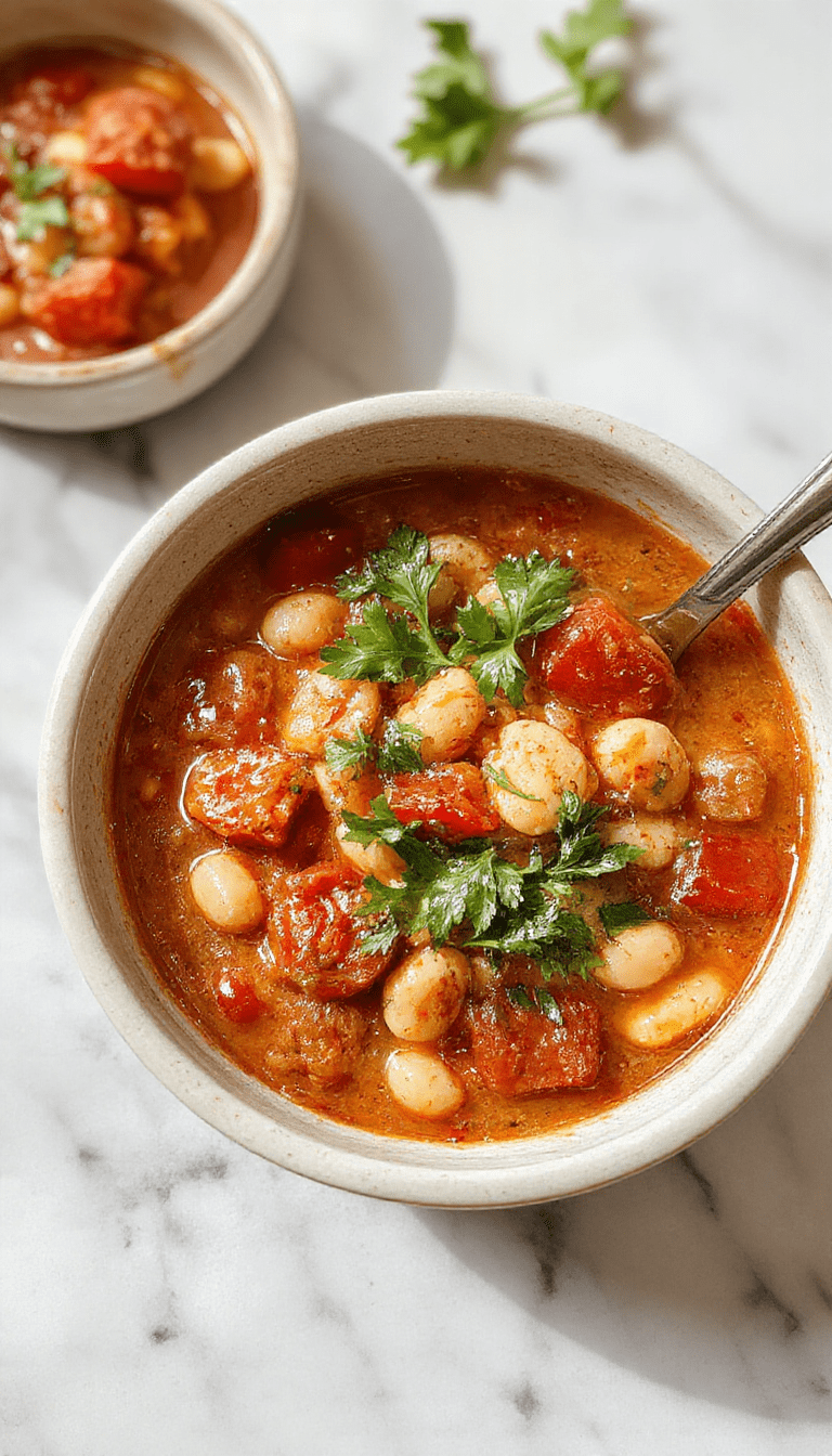 A vibrant bowl of creamy vegan tomato white bean stew showcasing rich red tomato broth with tender white beans, garnished with fresh basil and a drizzle of olive oil. The stew is served in a rustic white ceramic bowl on a wooden table, with a side of crusty bread and a sprig of basil for garnish, highlighting the comforting textures and inviting colors.
