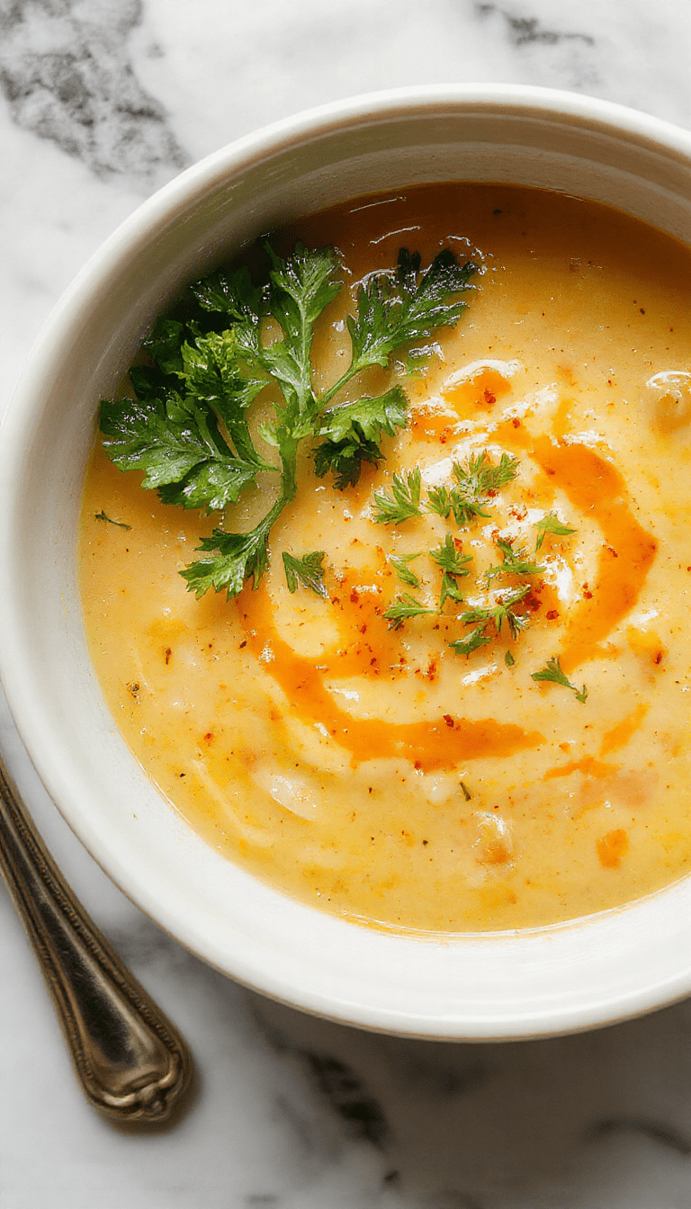 Colorful creamy vegetable soup served in a rustic white bowl with a swirl of cream on top, garnished with fresh herbs. The vibrant orange, green, and purple vegetables contrast beautifully against the creamy base, with a textured surface indicating a rich, hearty consistency. The wooden table background adds warmth, complemented by a side of crusty bread and a sprinkle of herbs for garnish.