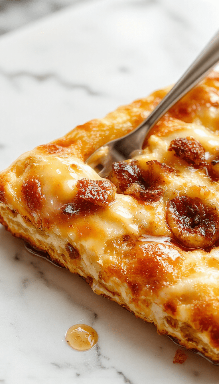 A golden, flaky puff pastry shell encasing creamy melted brie cheese, topped with a drizzle of golden honey, fresh fig slices, and a sprig of thyme, styled on a rustic wooden platter, with a soft focus background highlighting the glossy honey and vibrant fig colors.