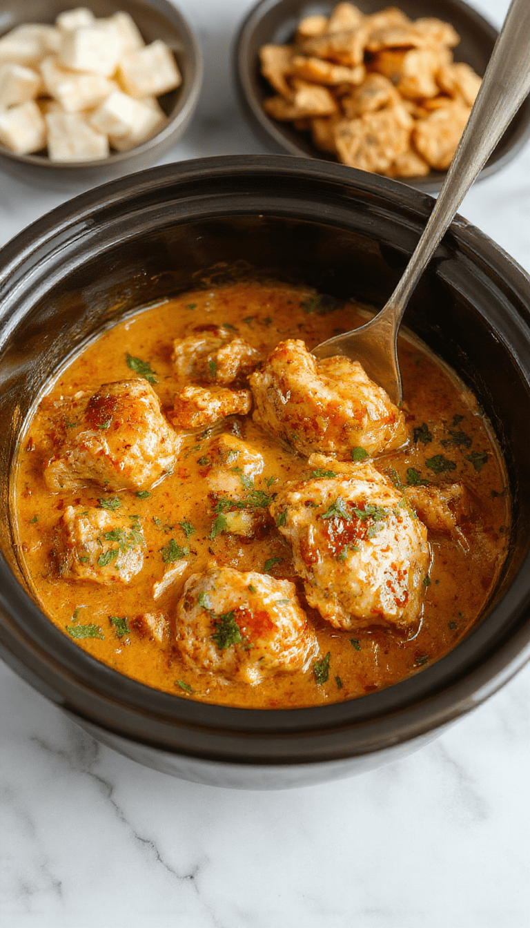 A vibrant bowl of creamy coconut chicken tikka masala garnished with fresh cilantro, surrounded by cooked chicken pieces coated in a rich, orange-hued sauce with coconut flakes and spices, served against a rustic wooden background with a spoon.