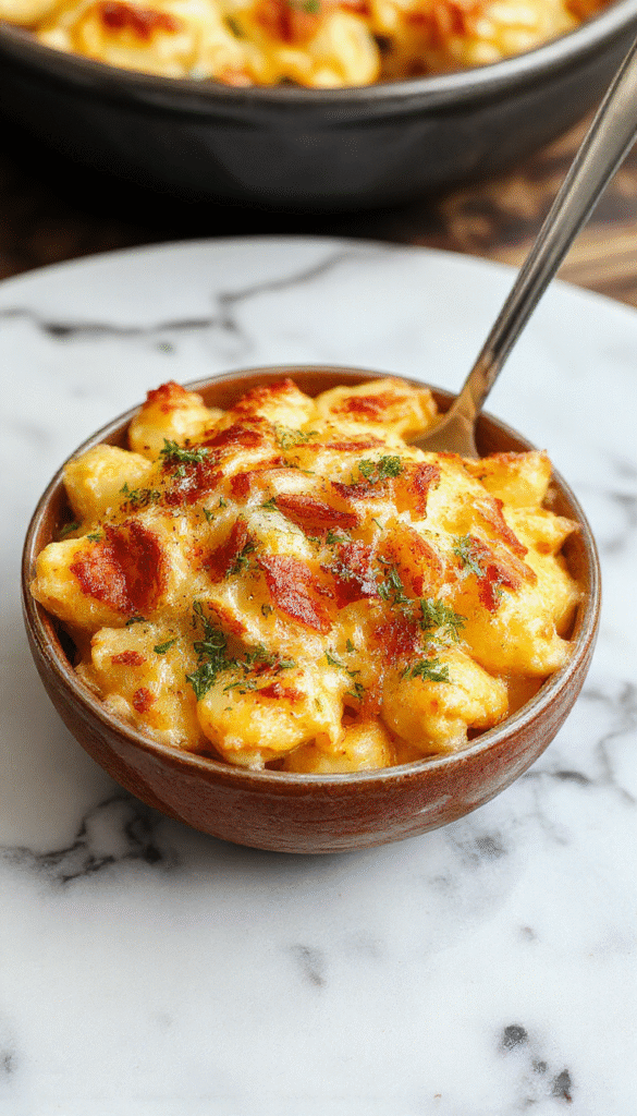 A close-up of a golden-brown baked mac and cheese dish with a crispy breadcrumb topping, served in a rustic ceramic baking dish. The cheesy pasta is creamy, with hints of melt-in-the-mouth cheese, topped with crunchy toasted breadcrumbs and garnished with fresh herbs. The vibrant colors of the cheese, breadcrumbs, and herbs create an inviting, comforting scene.