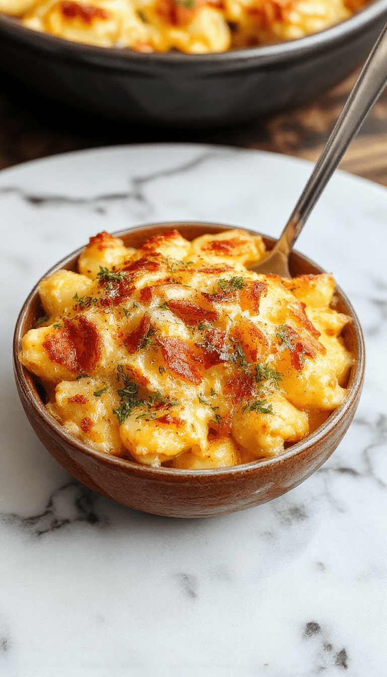 A close-up of a golden-brown baked mac and cheese dish with a crispy breadcrumb topping, served in a rustic ceramic baking dish. The cheesy pasta is creamy, with hints of melt-in-the-mouth cheese, topped with crunchy toasted breadcrumbs and garnished with fresh herbs. The vibrant colors of the cheese, breadcrumbs, and herbs create an inviting, comforting scene.
