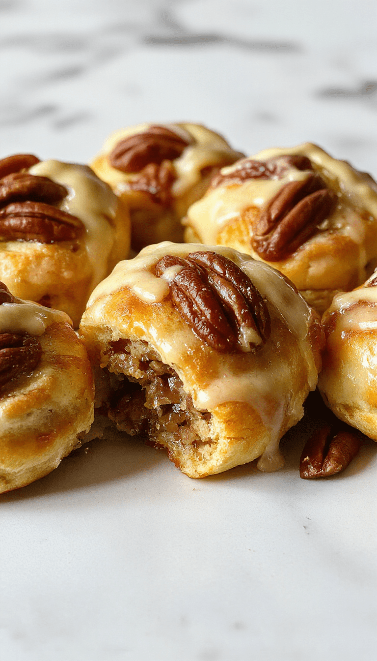 Golden-brown crescent rolls filled with a rich pecan mixture, elegantly arranged on a white plate with a glossy finish, topped with powdered sugar, showcasing flaky layers and a crispy texture, styled with a rustic wooden background