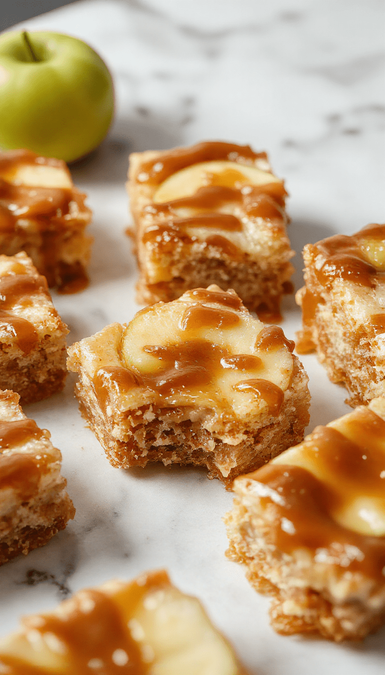 Golden-brown caramel apple cheesecake bars with a glossy caramel drizzle on top, sliced to reveal creamy layers, garnished with sliced fresh apples and sprinkled with cinnamon, arranged on a rustic wooden platter.