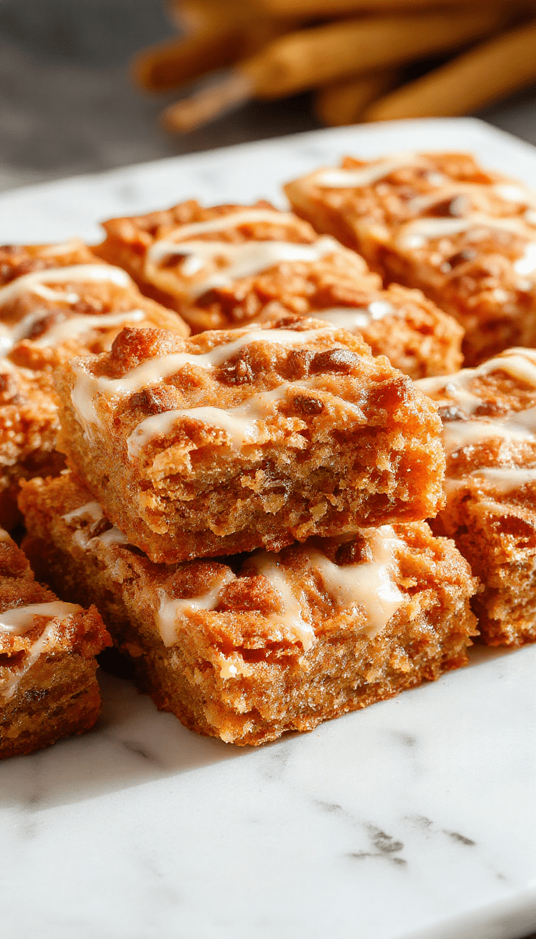 Colorful carrot cake bars sliced open revealing moist, spiced orange-colored layers with cream cheese frosting topping beautifully dusted with cinnamon and grated carrots. The bars are arranged on a rustic wooden plate with a sprinkle of nuts and a sprig of mint, styled in a cozy, inviting setting.