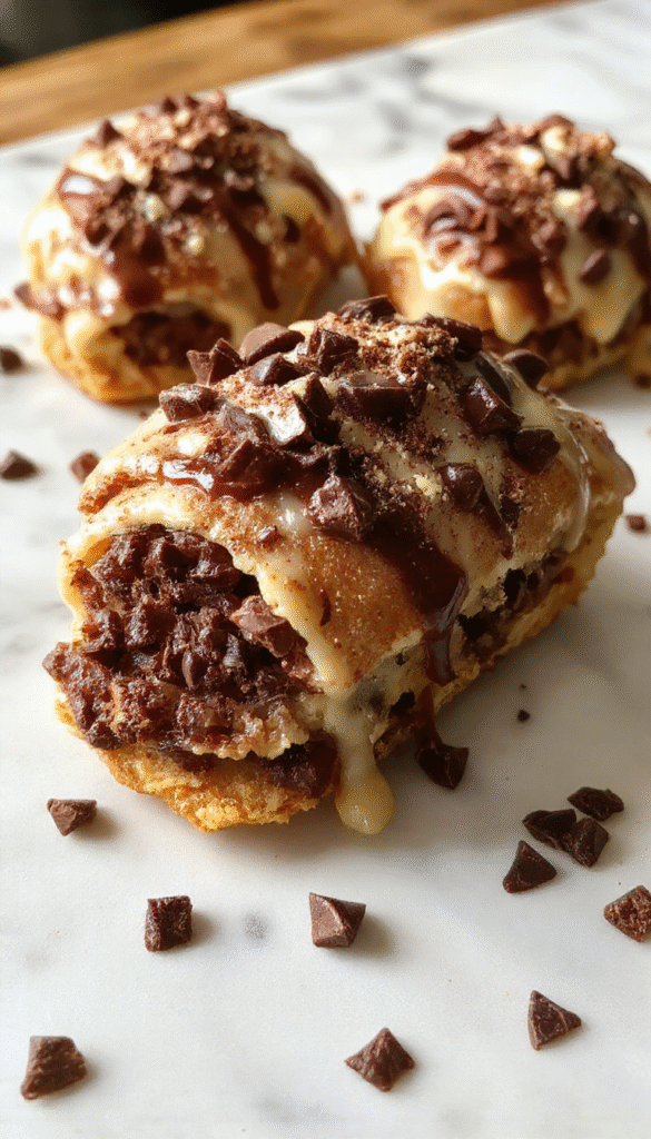 A close-up of a creamy cannoli pie topped with golden-brown chocolate chips and a dusting of powdered sugar, displayed on a rustic wooden table with a slice slightly removed revealing a rich, textured filling and crispy crust, styled with a few scattered chocolate chips and a sprig of mint for contrast.