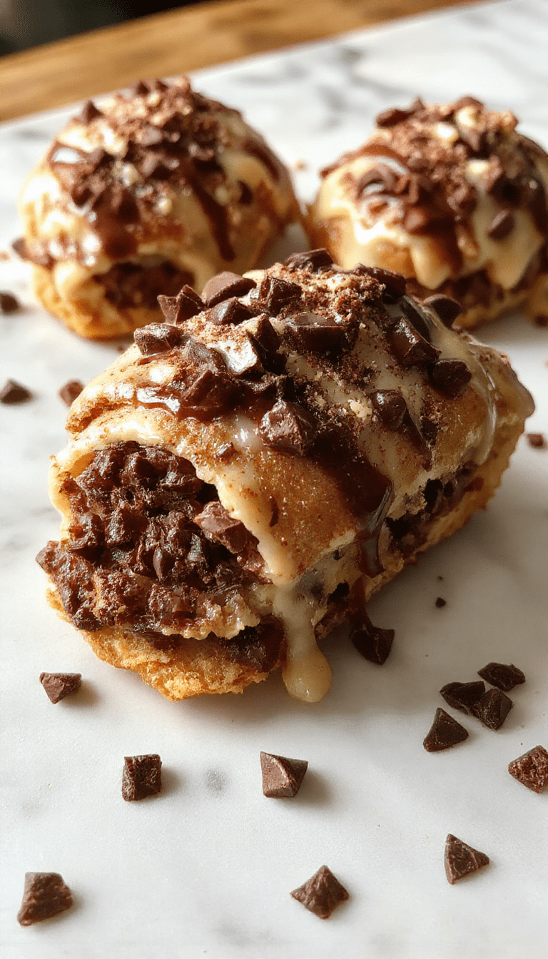 A close-up of a creamy cannoli pie topped with golden-brown chocolate chips and a dusting of powdered sugar, displayed on a rustic wooden table with a slice slightly removed revealing a rich, textured filling and crispy crust, styled with a few scattered chocolate chips and a sprig of mint for contrast.