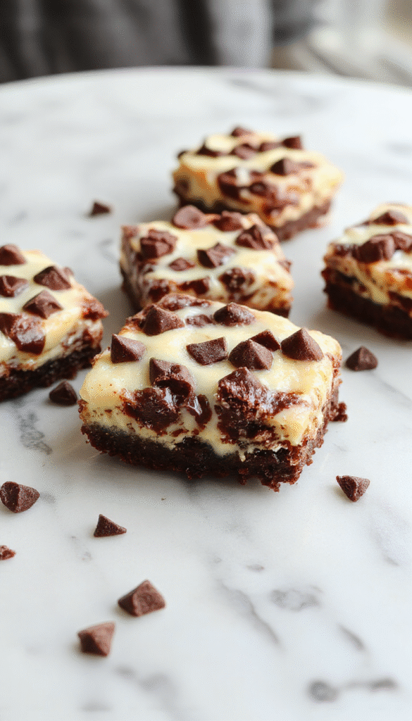 A close-up of golden-brown cheesecake bars topped with semi-sweet chocolate chips, arranged on a rustic wooden platter with a fork and a drizzle of chocolate sauce, styled with fresh berries and powdered sugar for an inviting presentation.