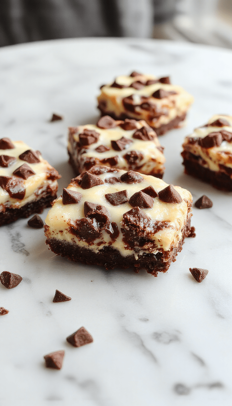 A close-up of golden-brown cheesecake bars topped with semi-sweet chocolate chips, arranged on a rustic wooden platter with a fork and a drizzle of chocolate sauce, styled with fresh berries and powdered sugar for an inviting presentation.
