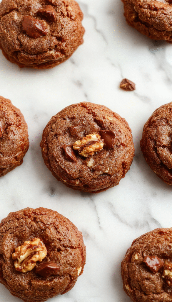 A close-up of freshly baked chocolate walnut cookies arranged on a rustic wooden platter. The cookies are golden brown with cracked tops, showcasing chunks of rich dark chocolate and walnuts. The background features a soft-focus setting with a glass of milk and a few scattered walnuts and chocolate chips, emphasizing a warm and inviting atmosphere.