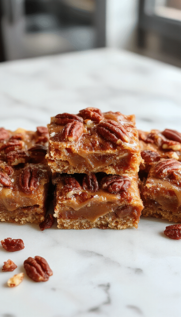 A close-up view of a stack of golden-brown turtle bars topped with glossy caramel, chopped pecans, and drizzled chocolate, presented on a rustic wooden platter with a fork beside.