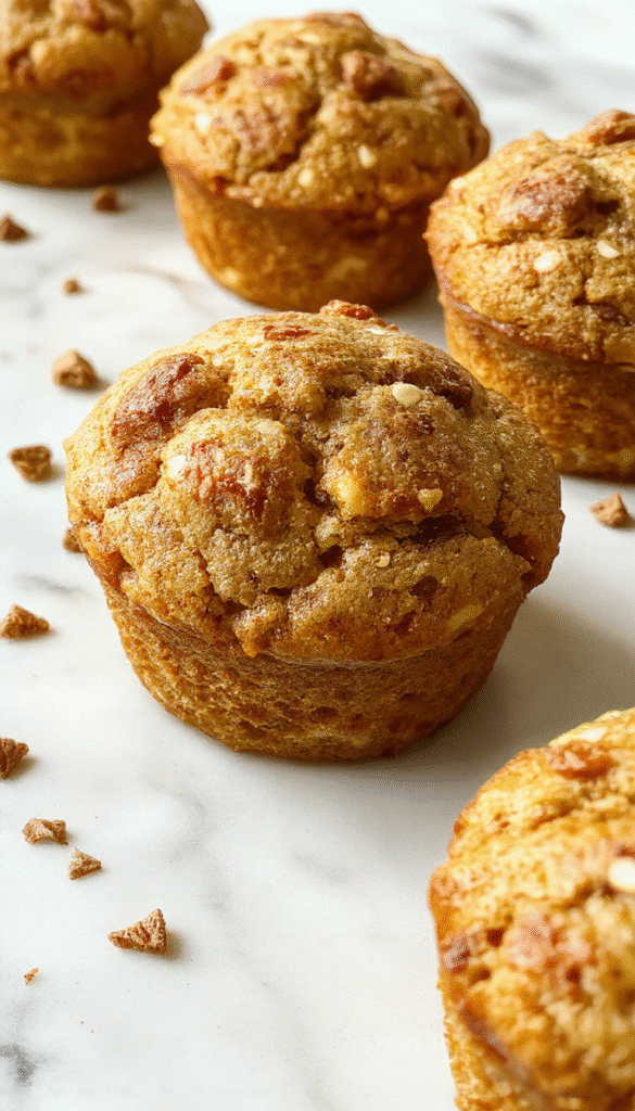 A close-up of golden-brown apple cinnamon muffins arranged on a white plate, topped with a sprinkle of cinnamon and sugar. The muffins showcase a moist, fluffy interior with bits of apple visible, and a light dusting of cinnamon powder on top against a rustic wooden background with fresh apple slices nearby.