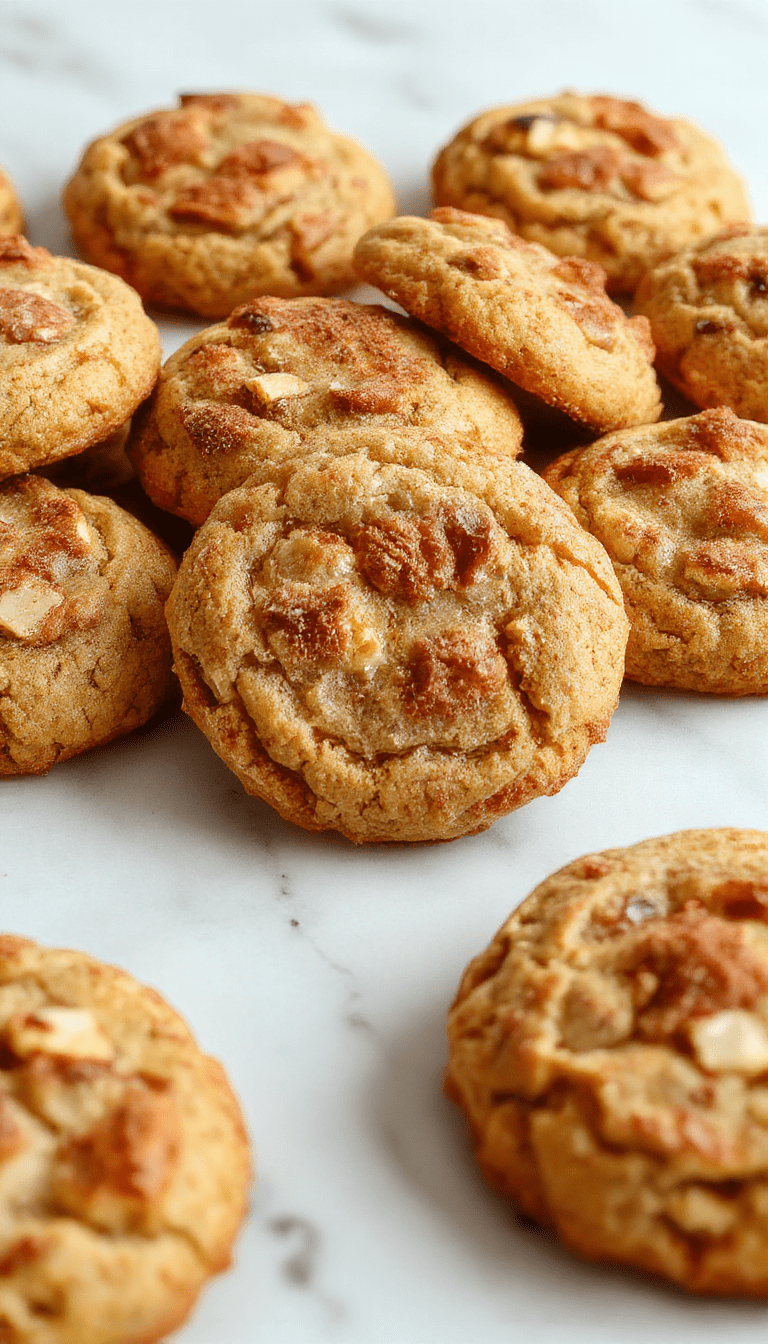 A plate of freshly baked apple cinnamon snickerdoodle cookies with a golden-brown crust, sprinkled with cinnamon sugar, garnished with thin apple slices and a cinnamon stick, styled on a rustic wooden table with autumn-themed decorations, natural warm lighting highlighting the textures and colors.