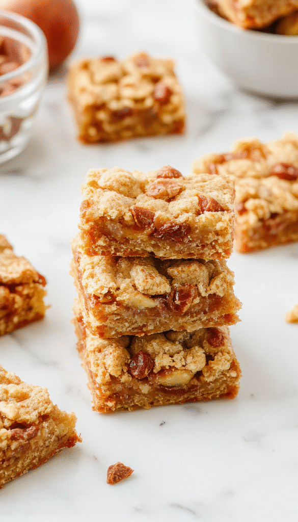 Colorful apple crisp shortbread bars arranged on a rustic wooden platter with a golden-brown crust, topped with fresh sliced apples and a crumbly streusel, garnished with a sprig of mint and drizzled with caramel sauce, styled with a vintage napkin and scattered cinnamon sticks.