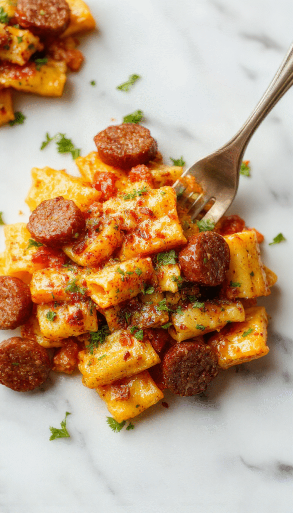A vibrant plate of autumn sausage pasta squash featuring golden roasted squash filled with tender sausage and al dente pasta, topped with fresh herbs and grated cheese, styled on a rustic wooden table with autumn leaves in the background.