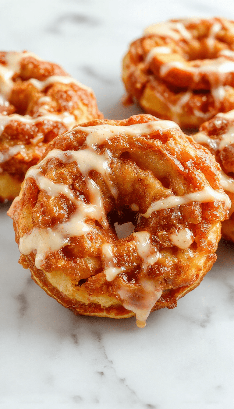 A close-up of golden-brown baked apple fritters topped with a glossy white glaze, arranged on a rustic white plate with a sprinkle of cinnamon and slices of fresh apple on a dark wooden background, highlighting the crispy texture and syrupy glaze.