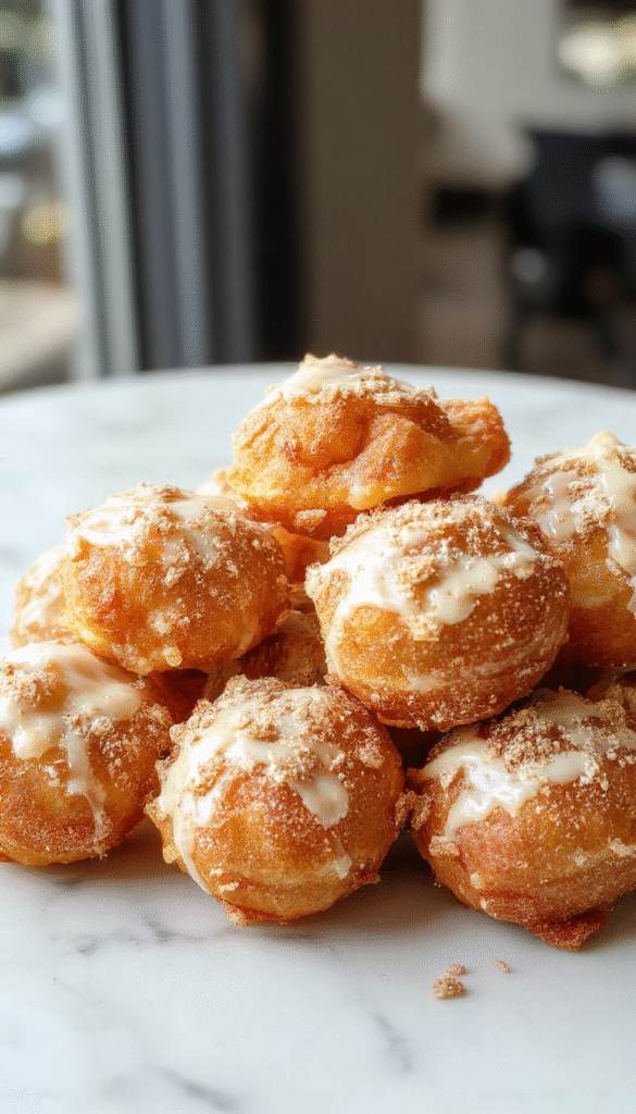 Golden-brown baked churro bites arranged on a white plate dusted with cinnamon sugar, with a drizzle of caramel sauce and a side of whipped cream, styled on a rustic wooden surface with warm lighting highlighting their crispy texture.