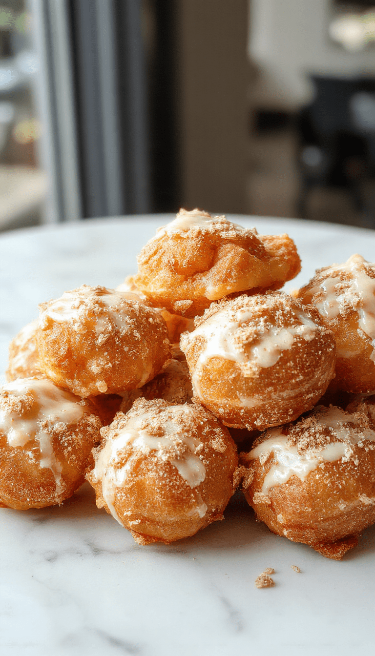 Golden-brown baked churro bites arranged on a white plate dusted with cinnamon sugar, with a drizzle of caramel sauce and a side of whipped cream, styled on a rustic wooden surface with warm lighting highlighting their crispy texture.