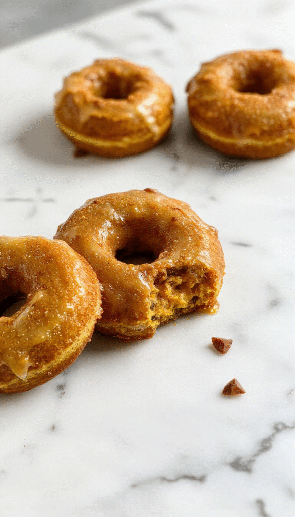 A close-up of golden-brown baked pumpkin donuts arranged on a rustic wooden platter, topped with powdered sugar and cinnamon, with a drizzle of caramel syrup, surrounded by fall leaves and a cup of hot coffee in the background.