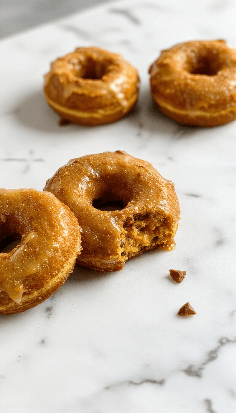 A close-up of golden-brown baked pumpkin donuts arranged on a rustic wooden platter, topped with powdered sugar and cinnamon, with a drizzle of caramel syrup, surrounded by fall leaves and a cup of hot coffee in the background.