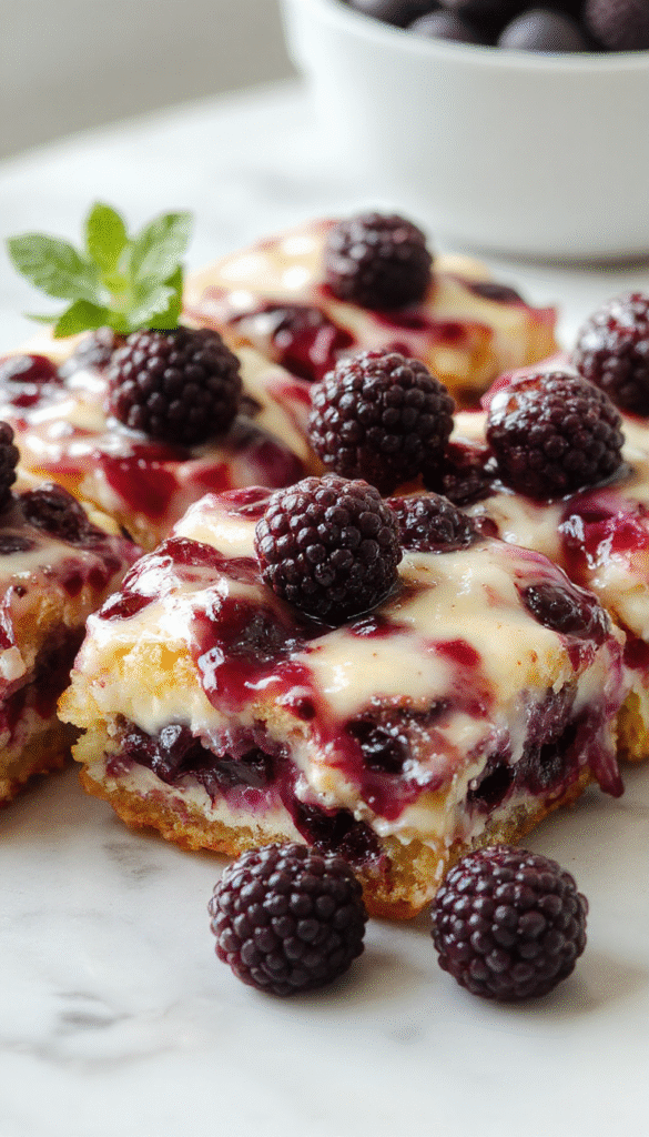 Colorful blueberry cream cheese bars arranged on a white plate, showcasing their golden-brown crust, vibrant blueberry topping, and creamy filling. The bars are sliced to reveal layers of bright blueberries and smooth cream cheese, garnished with fresh blueberries and mint leaves, styled with natural light emphasizing textures and vivid colors.