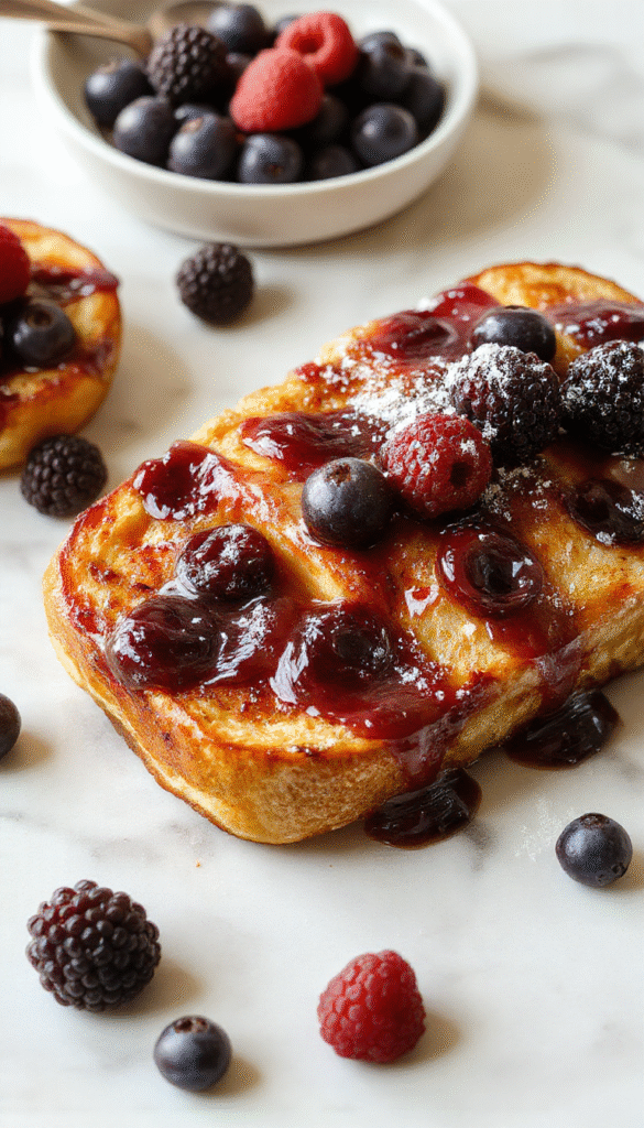 A vibrant image showcasing a golden-brown blueberry French toast casserole topped with fresh blueberries and a dusting of powdered sugar, served in a rustic white dish on a wooden table, with a side of maple syrup and fresh mint leaves for garnish. The scene exudes warmth and comfort, highlighting the flaky texture and juicy blueberries bursting from the casserole.