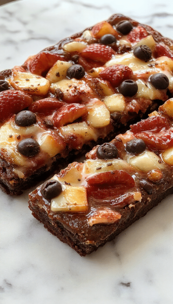 Colorful fruit pizza with a chocolate brownie crust topped with vibrant sliced strawberries, kiwi, blueberries, and bananas. The glossy fruit slices are neatly arranged in a circular pattern over a smooth, creamy layer, with a drizzle of chocolate and a dusting of powdered sugar. The presentation is inviting, with a rustic wooden table background and fresh ingredients in the background.