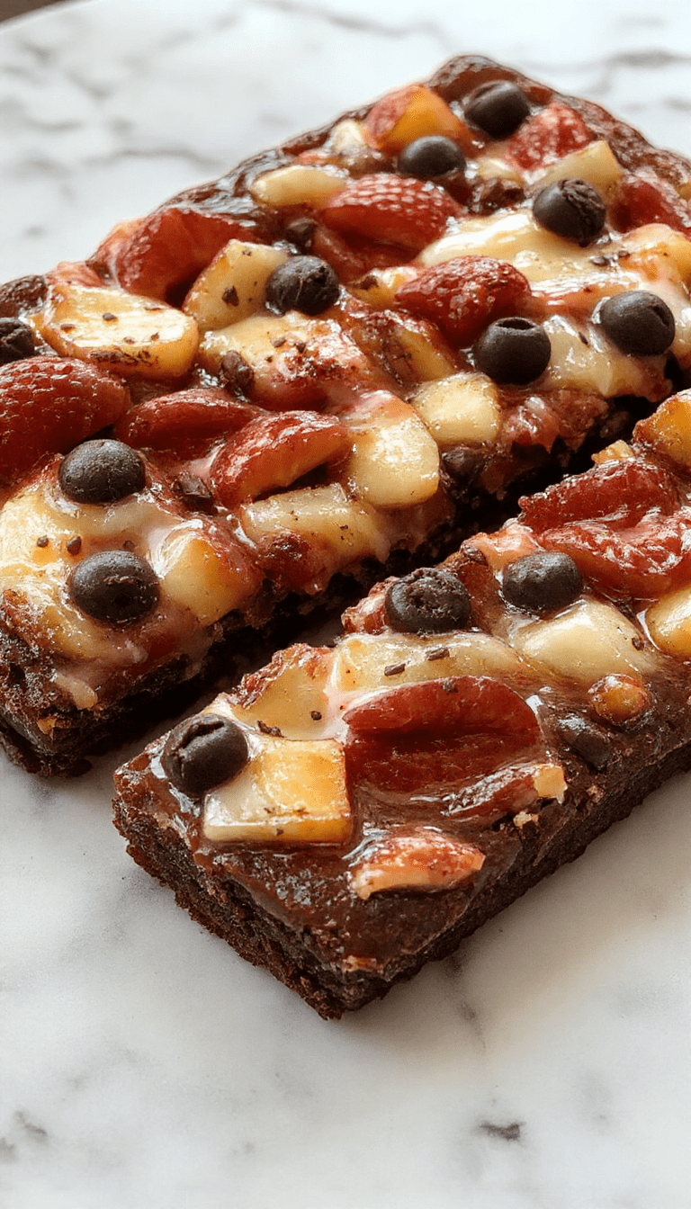 Colorful fruit pizza with a chocolate brownie crust topped with vibrant sliced strawberries, kiwi, blueberries, and bananas. The glossy fruit slices are neatly arranged in a circular pattern over a smooth, creamy layer, with a drizzle of chocolate and a dusting of powdered sugar. The presentation is inviting, with a rustic wooden table background and fresh ingredients in the background.