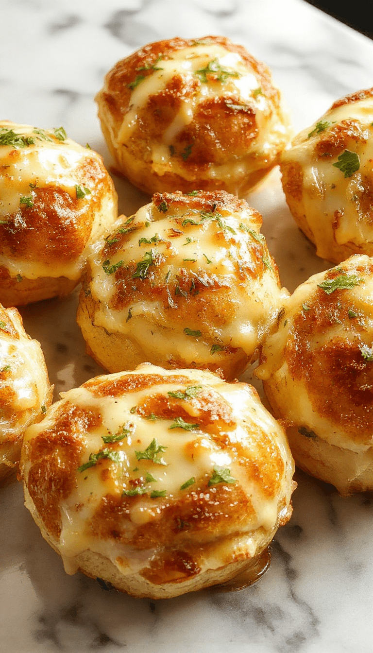 A close-up of golden-brown garlic rolls topped with melted cheese and fresh parsley, arranged on a rustic wooden serving tray, showcasing their soft interior and crispy edges, with a hint of melted cheese stretching from a cut roll.