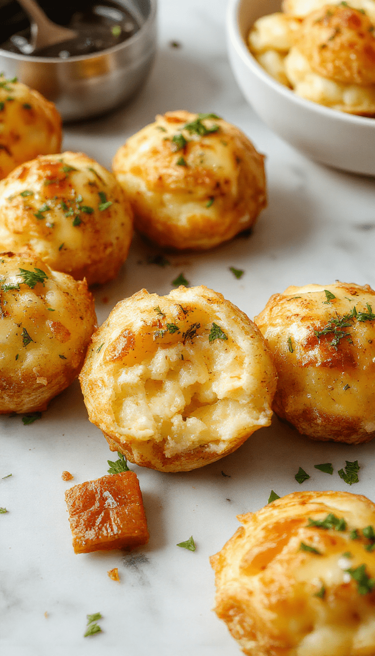 Golden-brown cheesy mashed potato puffs arranged on a rustic wooden platter, with a drizzle of creamy cheese sauce, green herbs sprinkled on top, and a side of fresh herbs for garnish, capturing a warm and inviting snack appeal with crispy exteriors and fluffy interiors.