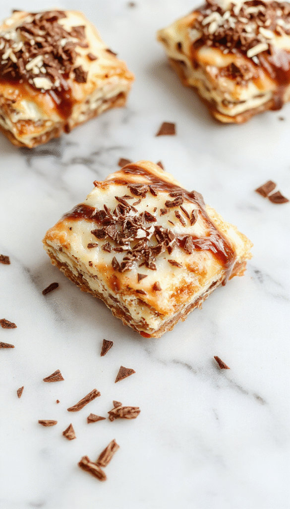 Colorful display of golden-brown cannoli squares topped with powdered sugar and chocolate chips, arranged neatly on a white platter with a rustic wooden background, showcasing crispy texture and creamy filling inside.