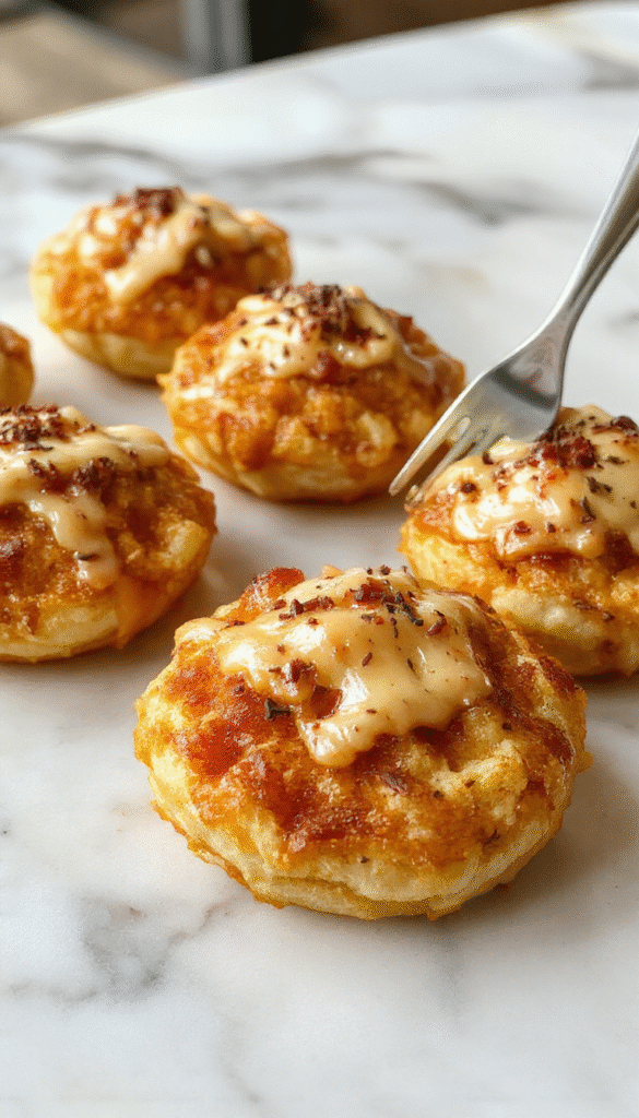Colorful close-up of golden brown McGriddle bites arranged on a white plate, showcasing their crispy exterior and fluffy interior with syrup drizzled on top, garnished with a sprinkle of powdered sugar and fresh berries against a bright, inviting background.