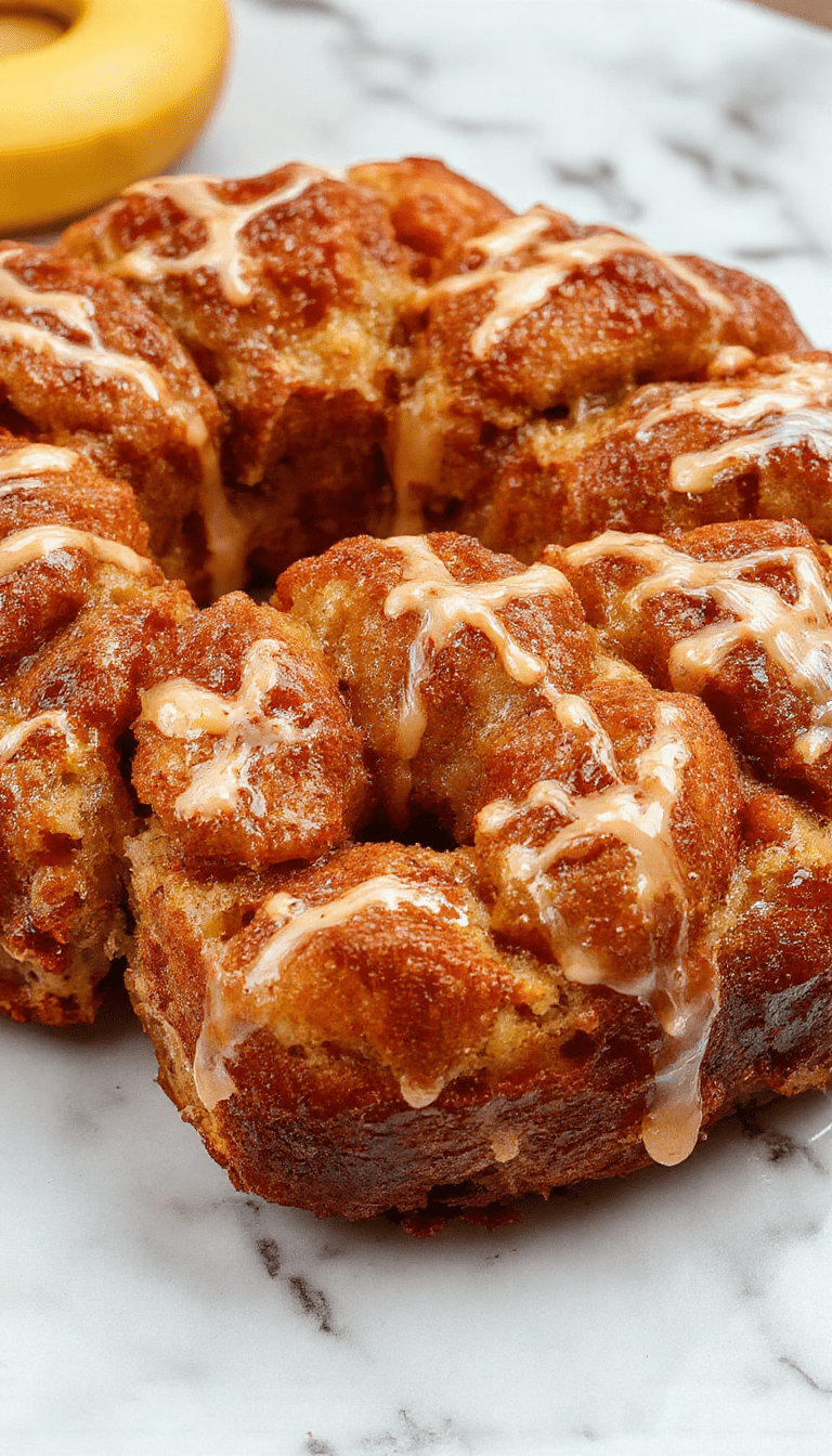 A golden-brown monkey bread pulled apart into flaky clusters, glistening with melted butter and sprinkled with powdered sugar on a rustic white plate, styled with a striped cloth napkin and fresh berries around the bread for a tempting breakfast presentation