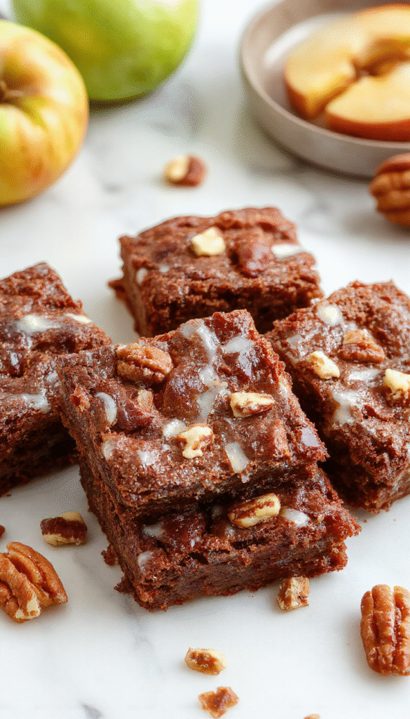 A close-up of freshly baked apple brownies topped with a dusting of powdered sugar and chopped nuts, served on a rustic wooden plate, with slices revealing moist, gooey interior dotted with apple chunks and cinnamon swirls, styled with autumn leaves and a cinnamon stick in the background, evoking warm fall vibes