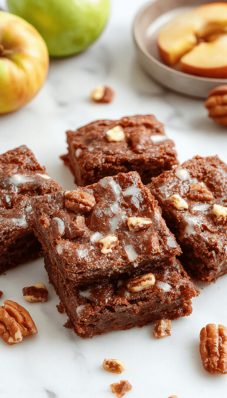 A close-up of freshly baked apple brownies topped with a dusting of powdered sugar and chopped nuts, served on a rustic wooden plate, with slices revealing moist, gooey interior dotted with apple chunks and cinnamon swirls, styled with autumn leaves and a cinnamon stick in the background, evoking warm fall vibes