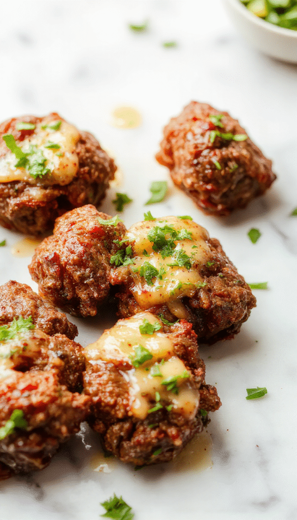 A close-up of juicy beef bites cooked in a slow cooker, glazed with buttery garlic sauce. The beef is caramelized and tender, served on a rustic plate garnished with fresh herbs, with a fork resting nearby. The background features a warm, inviting kitchen setting with a hint of steam rising from the dish, highlighting its savory appeal.