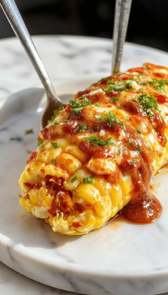 A vibrant bowl of white chicken chili topped with grilled corn kernels, fresh cilantro, and a sprinkle of cheese. The chili has a creamy texture with visible chunks of chicken and corn, served on a rustic wooden table with colorful garnishes and a side of crispy tortilla chips.