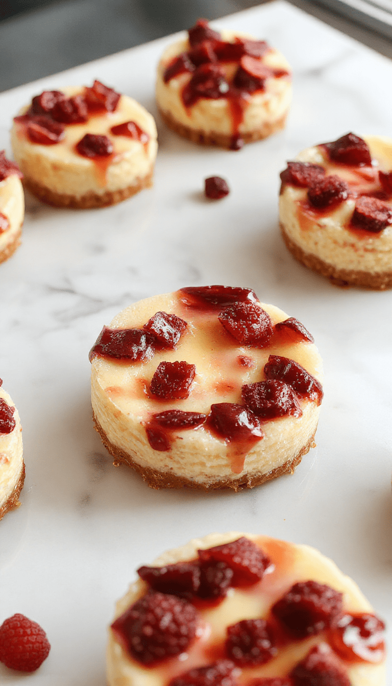 A close-up image showcasing three mini cheesecakes in individual clear cups, topped with fresh strawberries, blueberries, and a drizzle of chocolate sauce. The creamy textures are visible with a smooth surface and dotted with toppings, set on a rustic wooden tray with a blurred background of dessert plates and greenery, styled for an inviting dessert presentation.