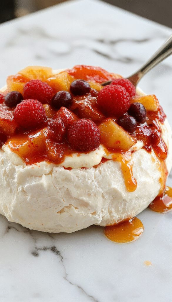 A vibrant pavlova dessert featuring a crispy golden-brown meringue base topped with smooth whipped cream and an assortment of colorful fresh fruits including strawberries, blueberries, and kiwi. The dessert is elegantly plated on a white dish with a rustic wooden background, highlighting its textures and vivid colors.