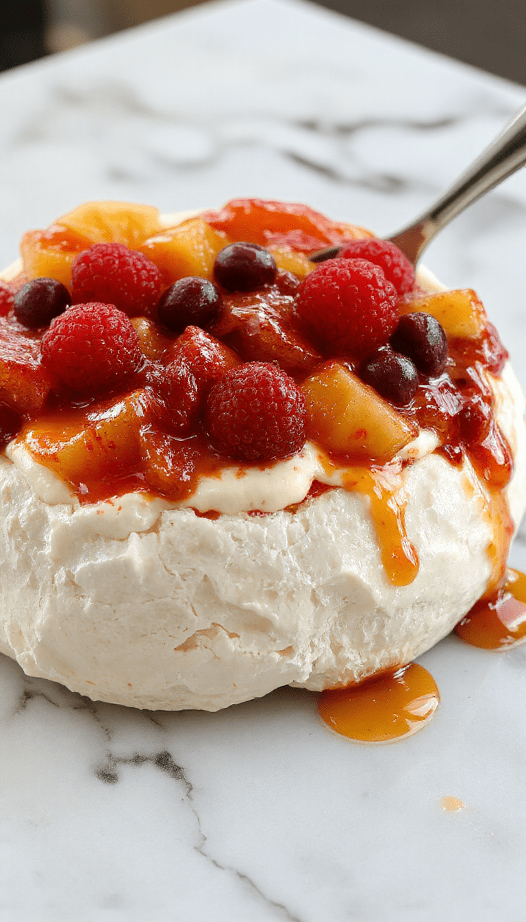 A vibrant pavlova dessert featuring a crispy golden-brown meringue base topped with smooth whipped cream and an assortment of colorful fresh fruits including strawberries, blueberries, and kiwi. The dessert is elegantly plated on a white dish with a rustic wooden background, highlighting its textures and vivid colors.