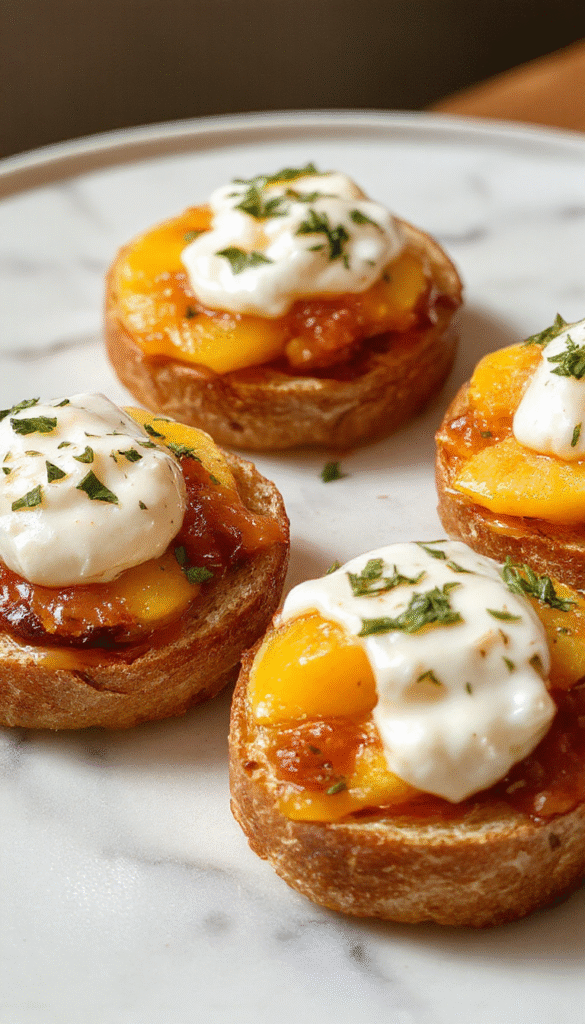 Vibrant peach slices arranged atop toasted baguette slices, generously topped with creamy whipped ricotta, garnished with fresh basil leaves, set on a rustic wooden platter with colorful accents, showcasing a refreshing and inviting summer appetizer