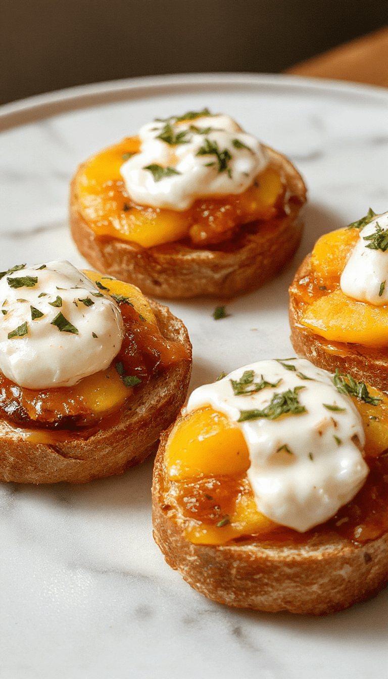 Vibrant peach slices arranged atop toasted baguette slices, generously topped with creamy whipped ricotta, garnished with fresh basil leaves, set on a rustic wooden platter with colorful accents, showcasing a refreshing and inviting summer appetizer