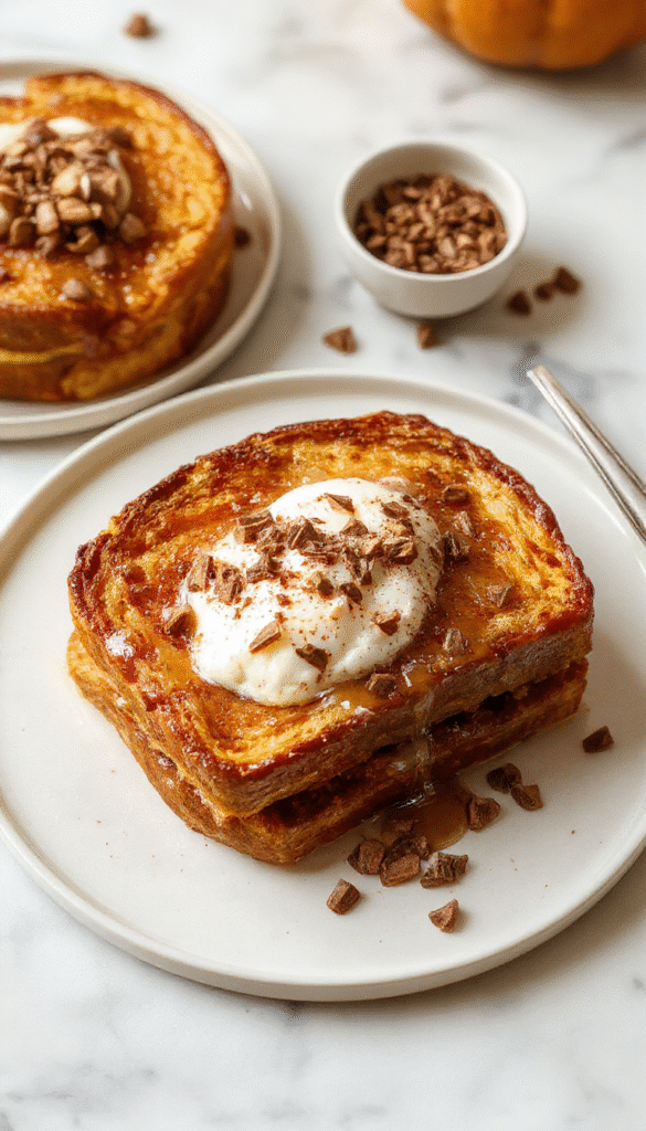 A vibrant plate of pumpkin french toast topped with powdered sugar, drizzled with maple syrup, garnished with fresh cinnamon sticks and sliced pumpkins, set on a rustic wooden table with warm autumn lighting, showcasing crispy edges and fluffy insides.