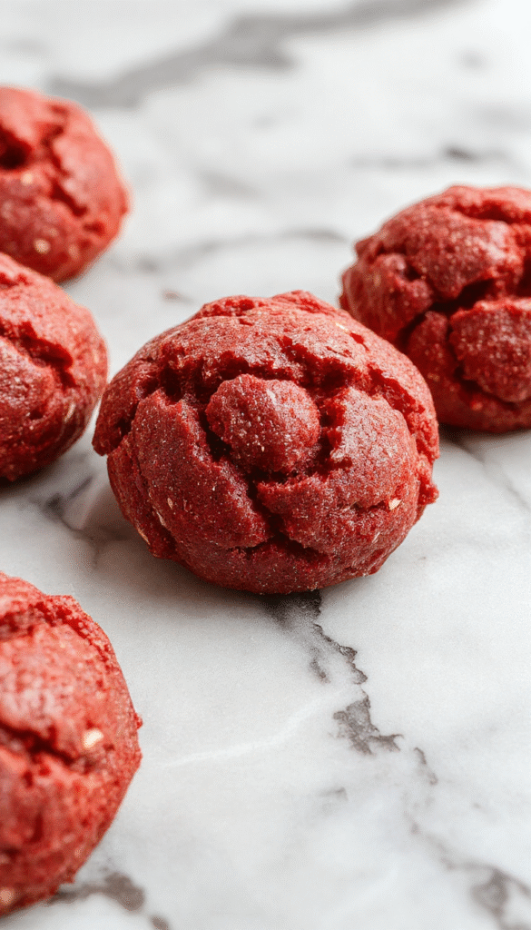 A close-up of a vibrant red velvet cookie dough in a rustic bowl, topped with white chocolate chips and sprinkles, with a spoon beside it. The dough has a smooth, velvety texture and a deep red color, contrasting against the white chips. The background is softly blurred, highlighting the cookie dough's inviting appearance and tempting details.
