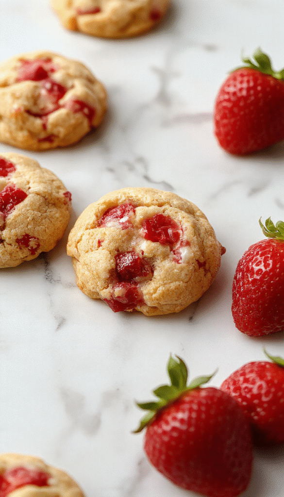 A close-up shot of vibrant red strawberry crunch cookies arranged on a white plate, topped with crushed cookies and fresh strawberry slices, showcasing a crispy, crumbly texture with a glossy strawberry glaze and a sprinkle of powdered sugar