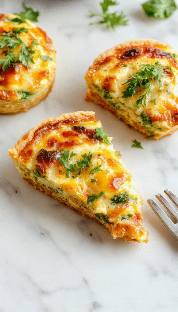 A colorful breakfast quiche on a rustic white plate, garnished with fresh herbs, showcasing a golden, flaky crust filled with spinach, cheese, and ham, surrounded by fresh cherry tomatoes and a side of green leafy salad, styled for a bright morning meal.